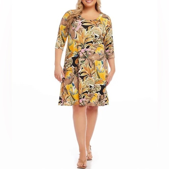 321. NWT Karen Kane Tropical Floral Print Scoop Neck 3/4 Sleeve A-Line Dress 2x - Picture 1 of 9